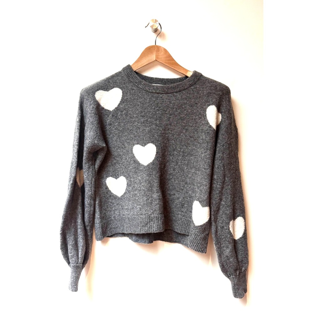 Madewell Women Crewneck Heart Balloon Sleeve Soft Wool Gray Valentine Sweater XS